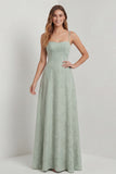 Sage Green A Line Spaghetti Straps Floral Burnout Bridesmaid Dress