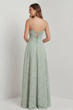 Sage Green A Line Spaghetti Straps Floral Burnout Bridesmaid Dress