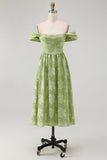 Sage Green Floral A Line Jacquard Off The Shoulder Midi Dress