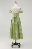 Sage Green Floral A Line Jacquard Off The Shoulder Midi Dress