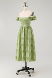 Sage Green Floral A Line Jacquard Off The Shoulder Midi Dress