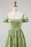 Sage Green Floral A Line Jacquard Off The Shoulder Midi Dress