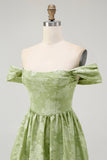 Sage Green Floral A Line Jacquard Off The Shoulder Midi Dress