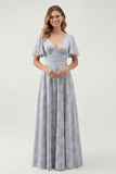 A Line Sage Green Floral Jacquard Flutter Sleeves Maxi Dress with Bow Back