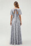 A Line Sage Green Floral Jacquard Flutter Sleeves Maxi Dress with Bow Back