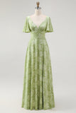 A Line Sage Green Floral Jacquard Flutter Sleeves Maxi Dress with Bow Back