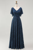 Floral A Line V Neck Maxi Navy Bridesmaid Dress with Flutter Sleeves