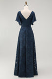 Floral A Line V Neck Maxi Navy Bridesmaid Dress with Flutter Sleeves
