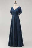 Floral A Line V Neck Maxi Navy Bridesmaid Dress with Flutter Sleeves