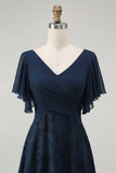 Floral A Line V Neck Maxi Navy Bridesmaid Dress with Flutter Sleeves