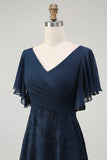 Floral A Line V Neck Maxi Navy Bridesmaid Dress with Flutter Sleeves