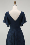 Floral A Line V Neck Maxi Navy Bridesmaid Dress with Flutter Sleeves