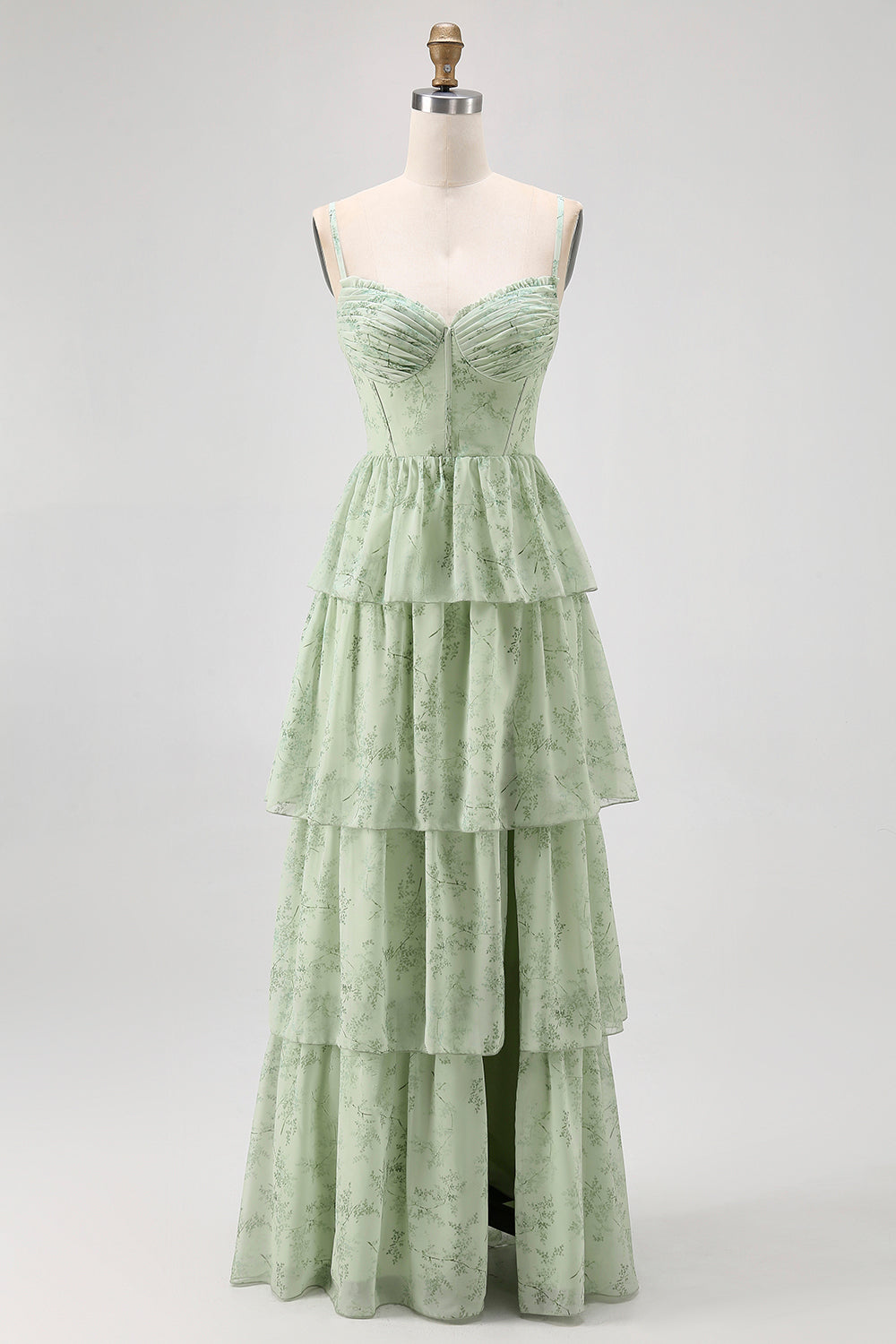 WEDTREND Women Dusty Sage Long Bridesmaid Dress with Slit A Line Corset Tiered Print & Floral Wedding Guest Dress WEDTREND Women Dusty Sage Long Bridesmaid Dress with Slit A Line Corset Tiered Print & Floral Wedding Guest Dress