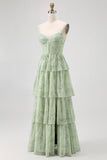 Dusty Sage A Line Corset Tiered Print & Floral Long Bridesmaid Dress with Slit