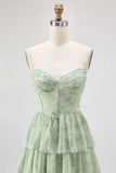 Dusty Sage A Line Corset Tiered Print & Floral Long Bridesmaid Dress with Slit