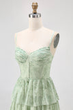 Dusty Sage A Line Corset Tiered Print & Floral Long Bridesmaid Dress with Slit