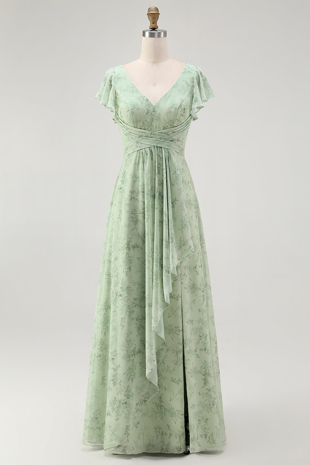 WEDTREND Women Dusty Sage Bridesmaid Dress with Slit A-Line Chiffon Flutter Sleeves Print Floral Long Wedding Guest Dress WEDTREND Women Dusty Sage Bridesmaid Dress with Slit A-Line Chiffon Flutter Sleeves Print Floral Long Wedding Guest Dress