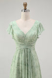 Dusty Sage A-Line Chiffon Flutter Sleeves Print Floral Bridesmaid Dress with Slit