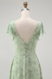 Dusty Sage A-Line Chiffon Flutter Sleeves Print Floral Bridesmaid Dress with Slit