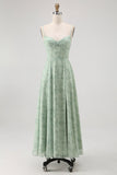 Dusty Sage A-Line Spaghetti Straps Backless Print Floral Bridesmaid Dress