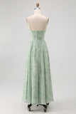 Dusty Sage A-Line Spaghetti Straps Backless Print Floral Bridesmaid Dress
