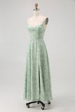 Dusty Sage A-Line Spaghetti Straps Backless Print Floral Bridesmaid Dress