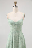 Dusty Sage A-Line Spaghetti Straps Backless Print Floral Bridesmaid Dress