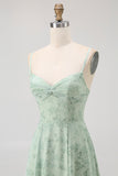 Dusty Sage A-Line Spaghetti Straps Backless Print Floral Bridesmaid Dress
