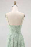 Dusty Sage A-Line Spaghetti Straps Backless Print Floral Bridesmaid Dress