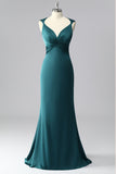 Peacock Blue Mermaid V-Neck Open Back Pleated Long Prom Dress