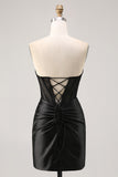 Black Strapless Satin Corset Ruched Bodycon Homecoming Dress