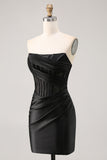 Black Strapless Satin Corset Ruched Bodycon Homecoming Dress