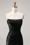 Black Strapless Satin Corset Ruched Bodycon Homecoming Dress