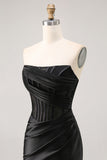 Black Strapless Satin Corset Ruched Bodycon Homecoming Dress