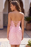 Pink Satin Corset Strapless Ruched Bodycon Homecoming Dress