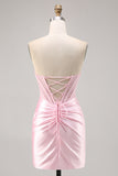 Pink Satin Corset Strapless Ruched Bodycon Homecoming Dress