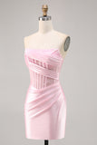 Pink Satin Corset Strapless Ruched Bodycon Homecoming Dress
