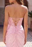 Pink Satin Corset Strapless Ruched Bodycon Homecoming Dress