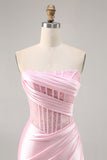 Pink Satin Corset Strapless Ruched Bodycon Homecoming Dress