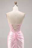 Pink Satin Corset Strapless Ruched Bodycon Homecoming Dress