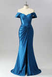 Dark Blue Off The Shoulder Pleated Beaded Mermaid Long Prom Dress with Slit