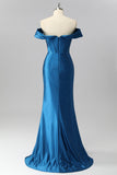 Dark Blue Off The Shoulder Pleated Beaded Mermaid Long Prom Dress with Slit