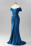 Dark Blue Off The Shoulder Pleated Beaded Mermaid Long Prom Dress with Slit