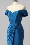 Dark Blue Off The Shoulder Pleated Beaded Mermaid Long Prom Dress with Slit