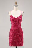 Fuchsia Spaghetti Straps Bodycon Corset Sequins Homecoming Dress