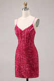 Fuchsia Spaghetti Straps Bodycon Corset Sequins Homecoming Dress