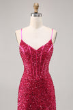 Fuchsia Spaghetti Straps Bodycon Corset Sequins Homecoming Dress