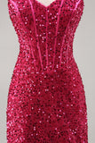 Fuchsia Spaghetti Straps Bodycon Corset Sequins Homecoming Dress