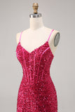 Fuchsia Spaghetti Straps Bodycon Corset Sequins Homecoming Dress