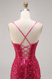 Fuchsia Spaghetti Straps Bodycon Corset Sequins Homecoming Dress
